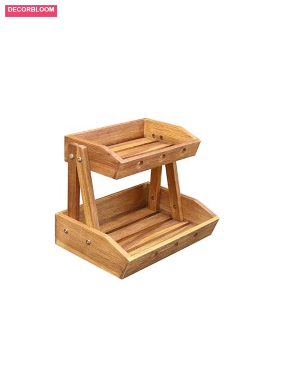 2-Tier Acacia Wood Fruit Basket Slanted Stand Rustic Farmhouse Kitchen Organizer